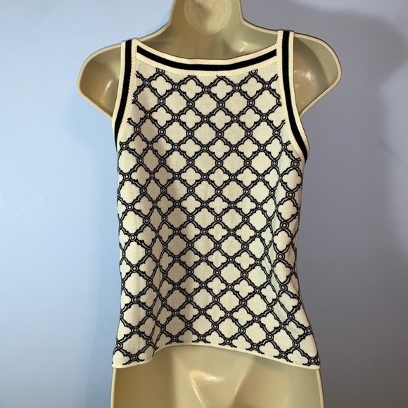 Talbots LATTICE JACQUARD TIPPED black white knit tank top size XS geo print - Picture 3 of 7